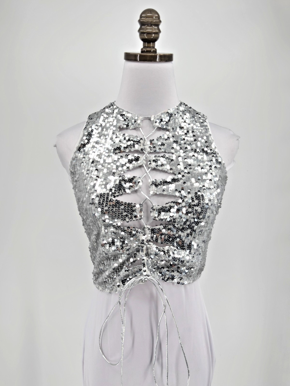 Gary Wood Silver Sequin Lace Up Sleeveless Party Crop Top Sz S